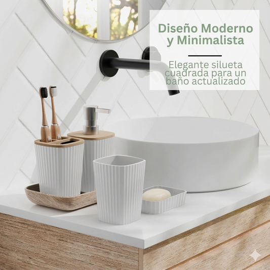 Set de Accesorios de Baño Blanco con Bambú – Kit Completo 6 Piezas