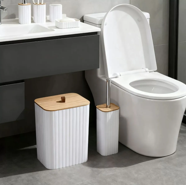 Set de Accesorios de Baño Blanco con Bambú – Kit Completo 6 Piezas