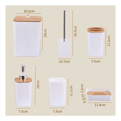 Set de Accesorios de Baño Blanco con Bambú – Kit Completo 6 Piezas