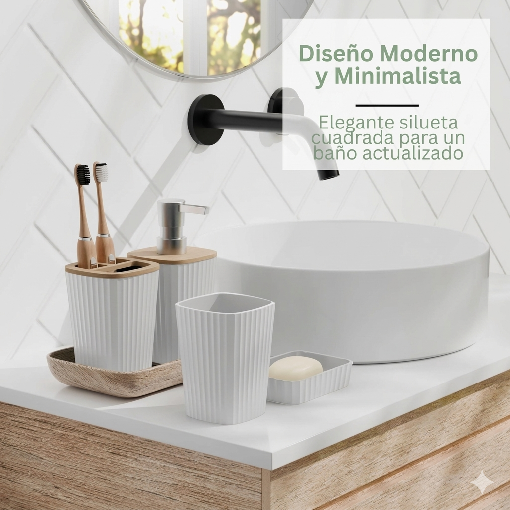 Set de Accesorios de Baño Blanco con Bambú – Kit Completo 6 Piezas