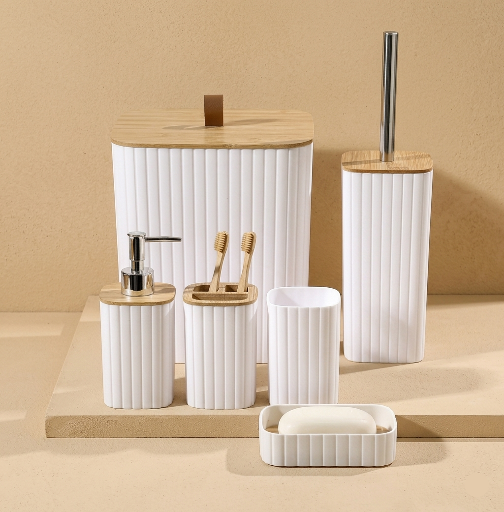 Set de Accesorios de Baño Blanco con Bambú – Kit Completo 6 Piezas