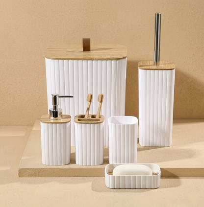 Set de Accesorios de Baño Blanco con Bambú – Kit Completo 6 Piezas