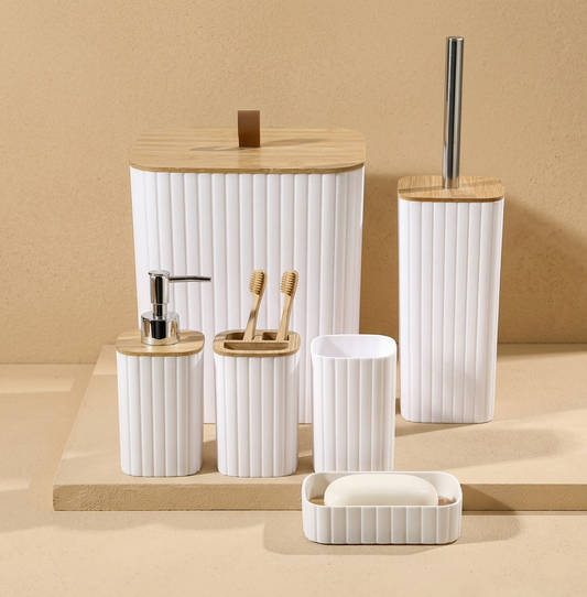 Set de Accesorios de Baño Blanco con Bambú – Kit Completo 6 Piezas